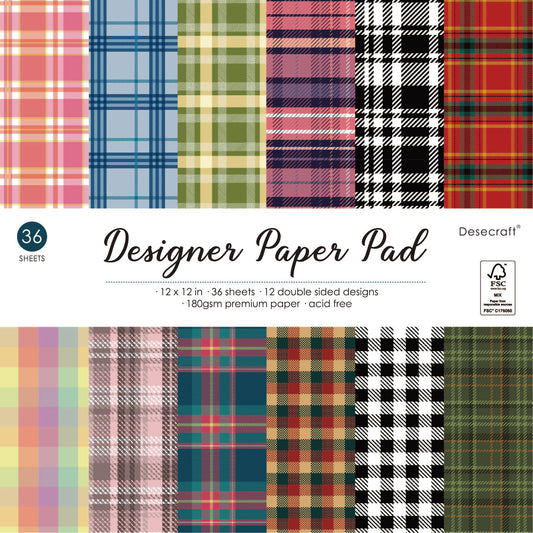 Desecraft Pastel Tartan 12x12 in Double Sided Paper Pad Pack Scrapbook Cardstock Decorative Paper - 36 Sheets