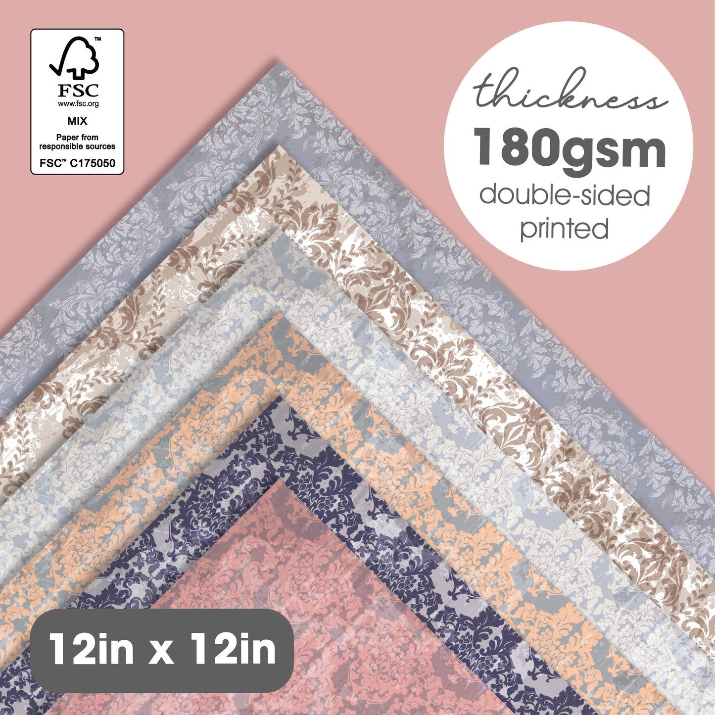 Desecraft Vintage Pastel 12x12 in Double Sided Paper Pad Pack Scrapbook Cardstock Decorative Paper - 36 Sheets