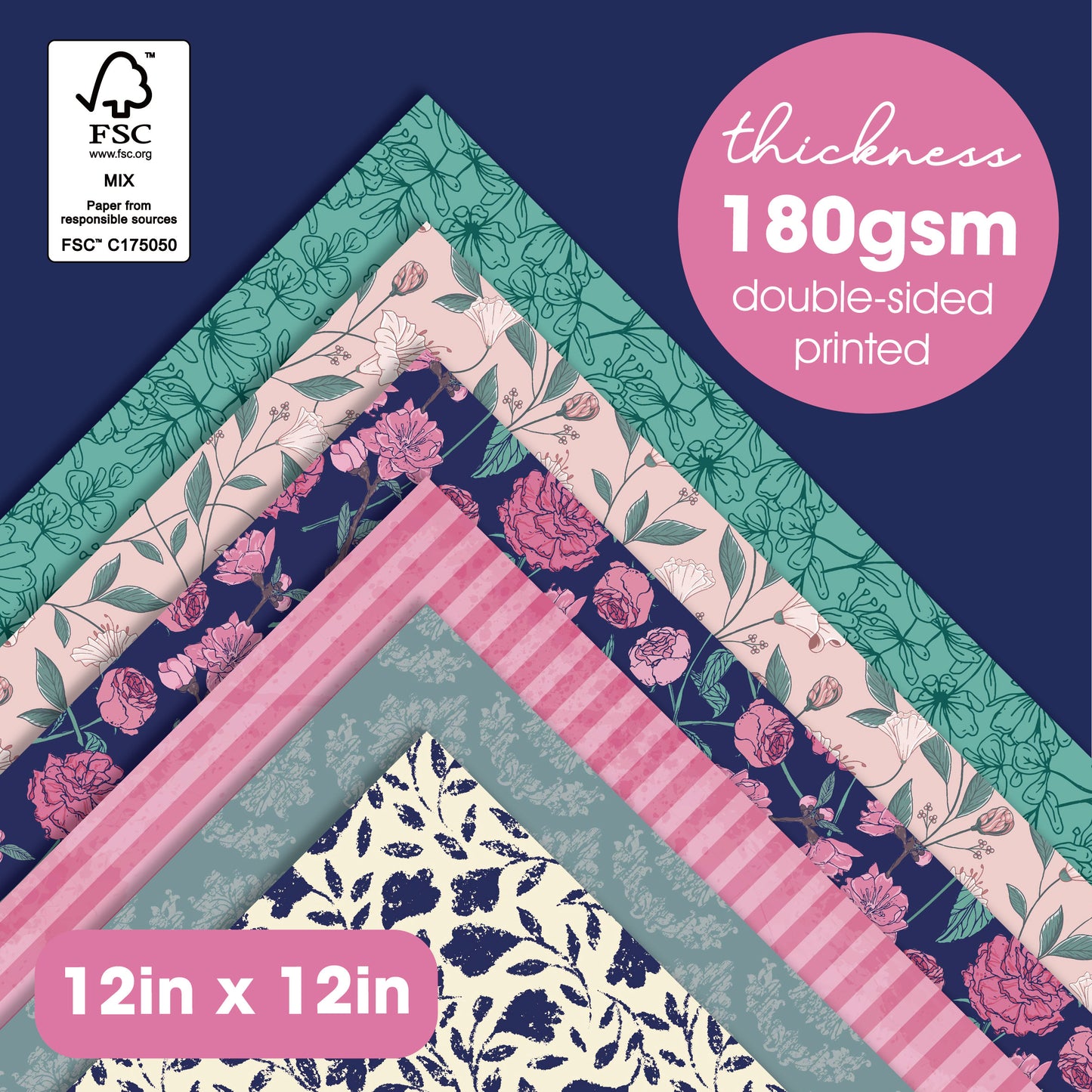 Desecraft Vintage Pastel 12x12 in Double Sided Paper Pad Pack Scrapbook Cardstock Decorative Paper - 36 Sheets