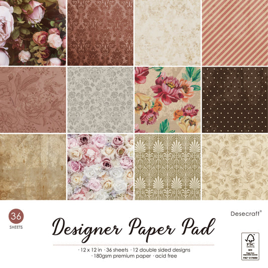 Desecraft Vintage Flora 12x12 in Double Sided Paper Pad Pack Scrapbook Cardstock Decorative Paper - 36 Sheets