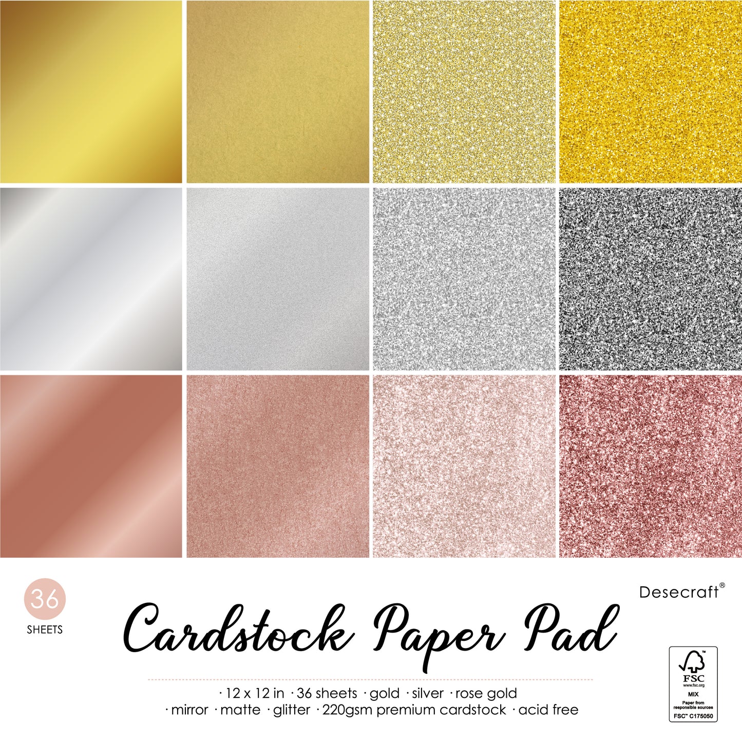 Desecraft Gold Sliver Pink Rose Gold 12x12 Cardstock Scrapbook Decorative Paper - 36 Sheets