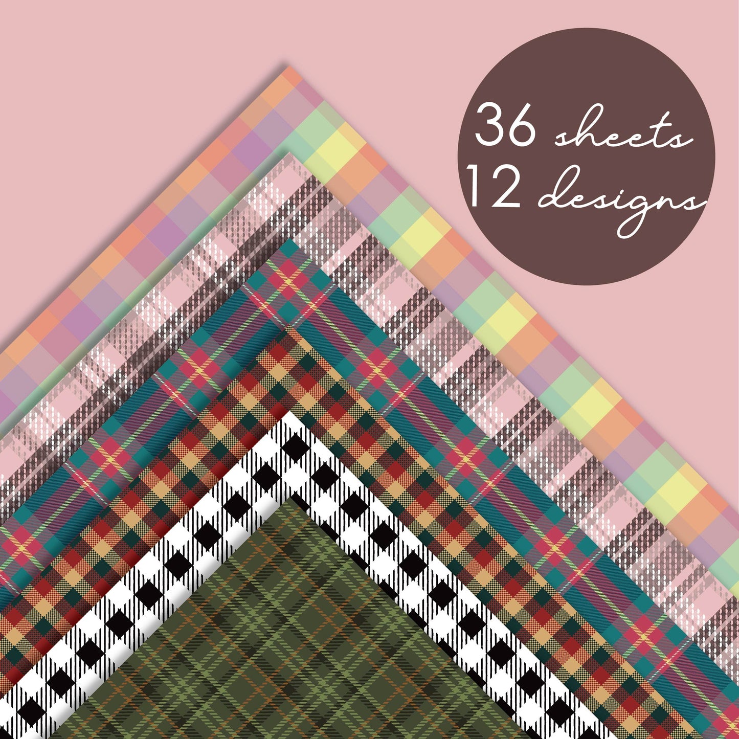 Desecraft Pastel Tartan 12x12 in Double Sided Paper Pad Pack Scrapbook Cardstock Decorative Paper - 36 Sheets