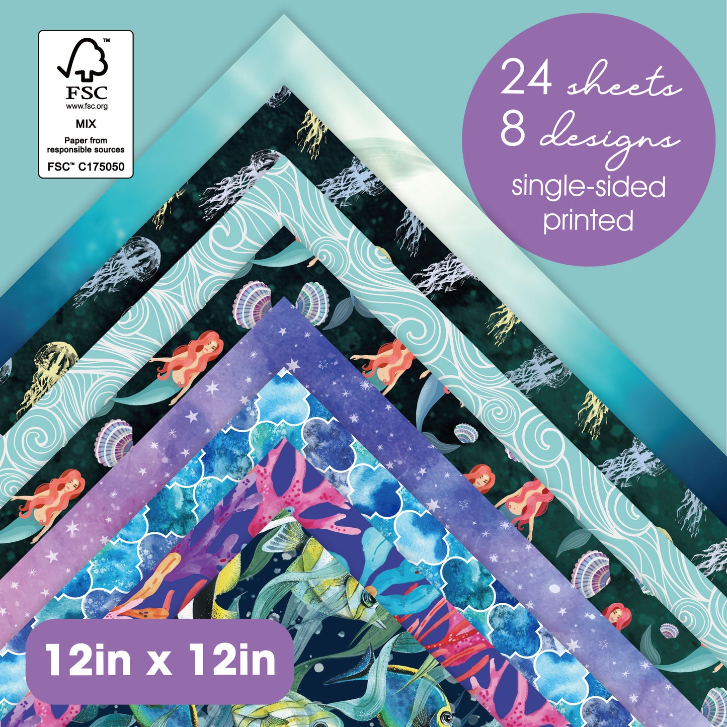 Desecraft Mermaid Tale 12 X 12 in Double Sided Paper Pad Pack Scrapbook Cardstock Decorative Paper - 48 Sheets