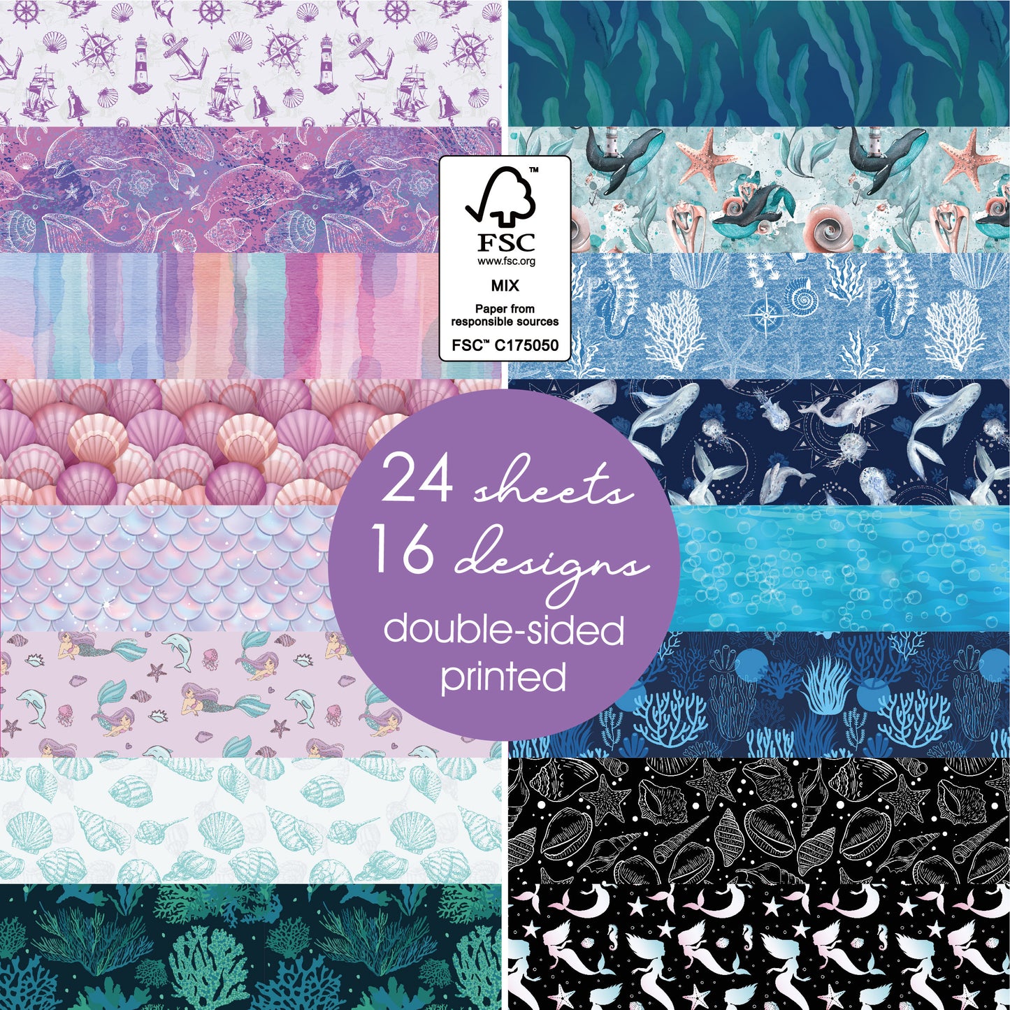 Desecraft Mermaid Tale 12 X 12 in Double Sided Paper Pad Pack Scrapbook Cardstock Decorative Paper - 48 Sheets