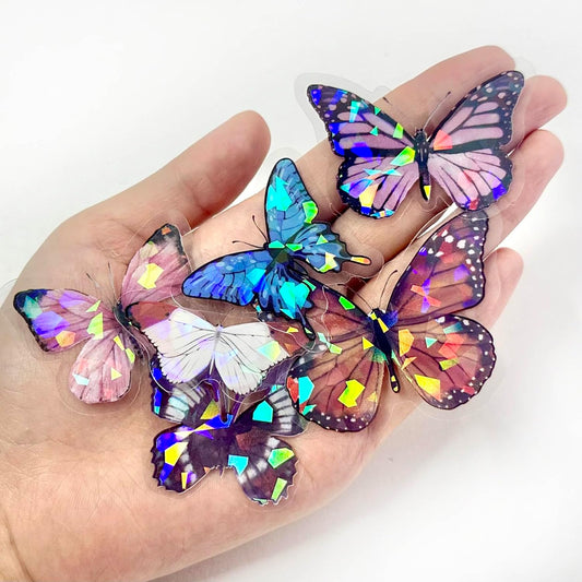 Desecraft 100Pcs Holographic Butterfly Stickers Nature Adhesive Watercolor Scrapbooking Supplies