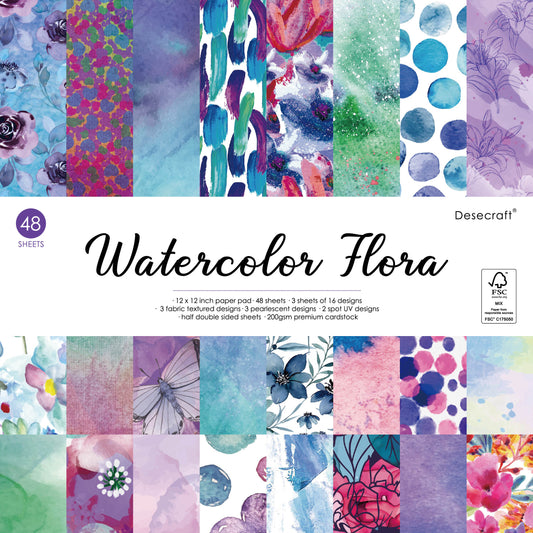 Desecraft Watercolor Flora 12x12 in Scrapbooking Cardstock Decorative Paper Pack for Card Making Journaling Origami Scrapbook Paper Supplies