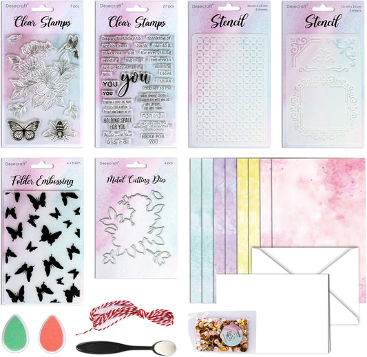 Desecraft Watercolor Rubber Stamp Set Stencil Ink Card Making Stamper Card Kit