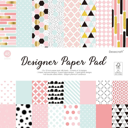 Desecraft 48 sheets 12x12 Scrapbooking Cardstock Decorative Paper Pack Pink for Card Making Origami Scrapbook Paper Materials Supplies