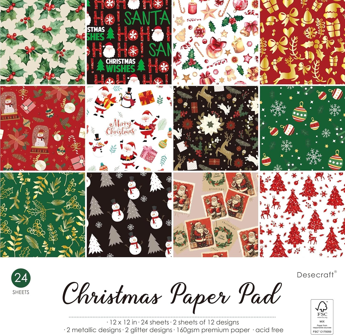 Desecraft 12x12 Tradtional Christmas Scrapbook Cardstock Decorative Paper for Card Making Journaling Origami Decopage Decorative Scrapbook Paper