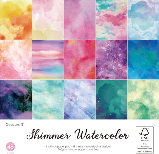 Desecraft 48 sheets 6 X 6 Scrapbooking Cardstock Decorative Paper Pack Shimmer Watercolor For Card Making Journaling Origami Scrapbook Supplies