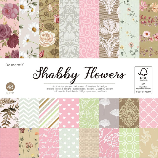 Desecraft Vintage Shabby Flower 6x6 in Scrapbooking Cardstock Decorative Paper Pack for Card Making Journaling Origami Scrapbook Paper Supplies