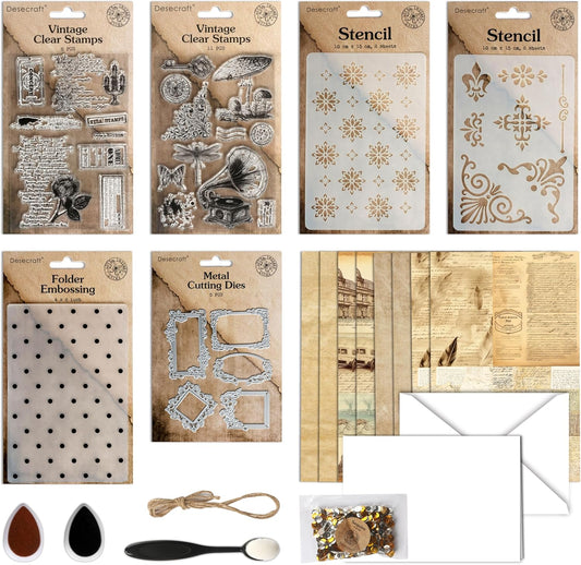 Desecraft Vintage Rubber Stamp Set Stencil Ink Card Making Stamper Card Kit