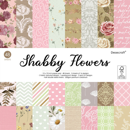 Desecraft Vintage Shabby Flower 12x12 in Scrapbooking Cardstock Decorative Paper Pack for Card Making Journaling Origami Scrapbook Paper Supplies