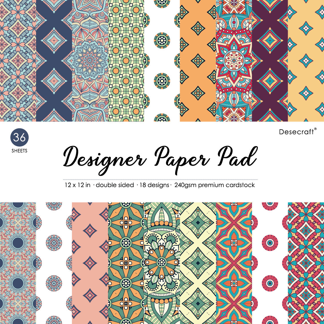 Desecraft Mandala 12x12 in Double Sided Paper Pad Scrapbook Cardstock Decorative Paper - 36 Sheets