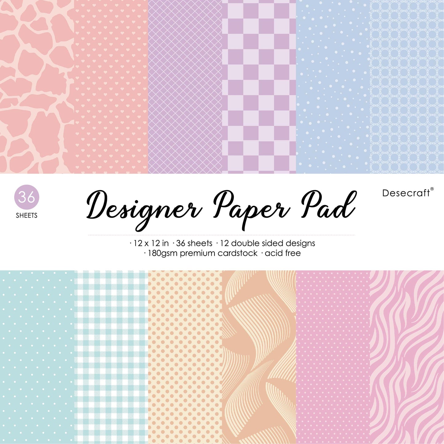 Desecraft Colourful 12x12 in Double Sided Pastel Paper Pad Scrapbook Cardstock Decorative Paper - 36 Sheets